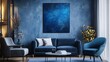 © Nathan - Modern living room with blue decor and abstract art, featuring a cozy sofa setup and stylish armchair.