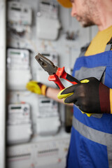 Wall Mural - Technician working on a electricity power meter station in a building.