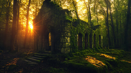 Wall Mural - Ancient mystical ruins covered in glowing moss and bathed in the soft light of a magical sunset 