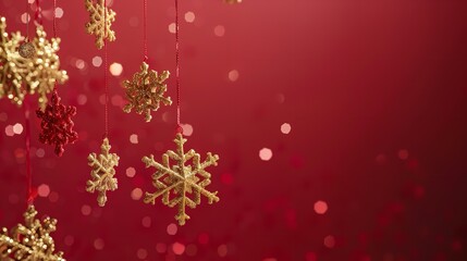 Poster - An up-close perspective on golden snowflakes lying on a red foreground with plenty of background content area, Generative AI.