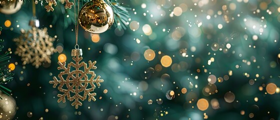 Poster - An up-close perspective on golden snowflakes lying on a green foreground with plenty of background content area, Generative AI.