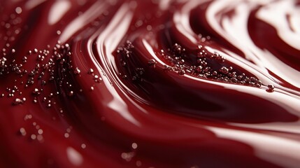 Rich, glossy red liquid with swirls and texture, resembling molten chocolate or syrup, enhanced by tiny sparkling particles.