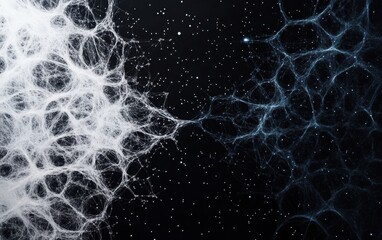 Poster - An intricate blend of white and blue threads forms a cosmic web against a starry backdrop, symbolizing the interconnectedness of the universe and the contrast between light and dark.