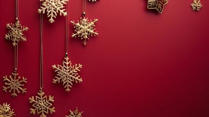 Poster - An up-close perspective on golden snowflakes lying on a red foreground with plenty of background content area, Generative AI.