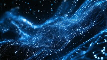 Fototapete - A mesmerizing wave of blue digital lines and particles, creating an ethereal atmosphere of technology and innovation.