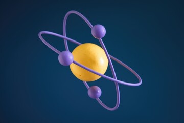 Poster - Abstract 3D model of an atom with a yellow nucleus and purple orbiting electrons.