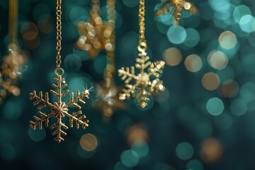 Poster - An up-close perspective on golden snowflakes lying on a green foreground with plenty of background content area, Generative AI.