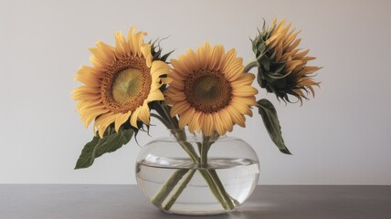 Aufkleber - Three vibrant sunflowers arranged in a glass vase on a grey surface.