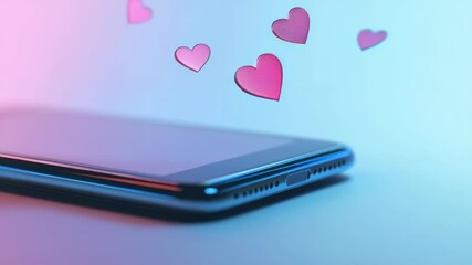 Aufkleber - Floating pink hearts over a smartphone screen symbolize online dating, showcasing social media engagement and highlighting modern digital marketing strategies in a vibrant, connected world