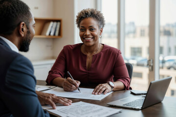 Portrait of happy African American female boss interviewing new employee in her office