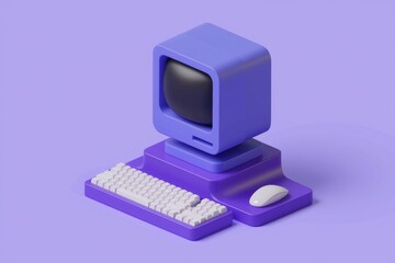 Poster - A 3D rendering of a retro computer with a purple color scheme.