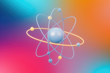 Poster - 3D illustration of an atom with a blue nucleus and yellow orbiting electrons