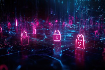 Poster - A vibrant visualization of digital security featuring glowing padlocks and network connections.