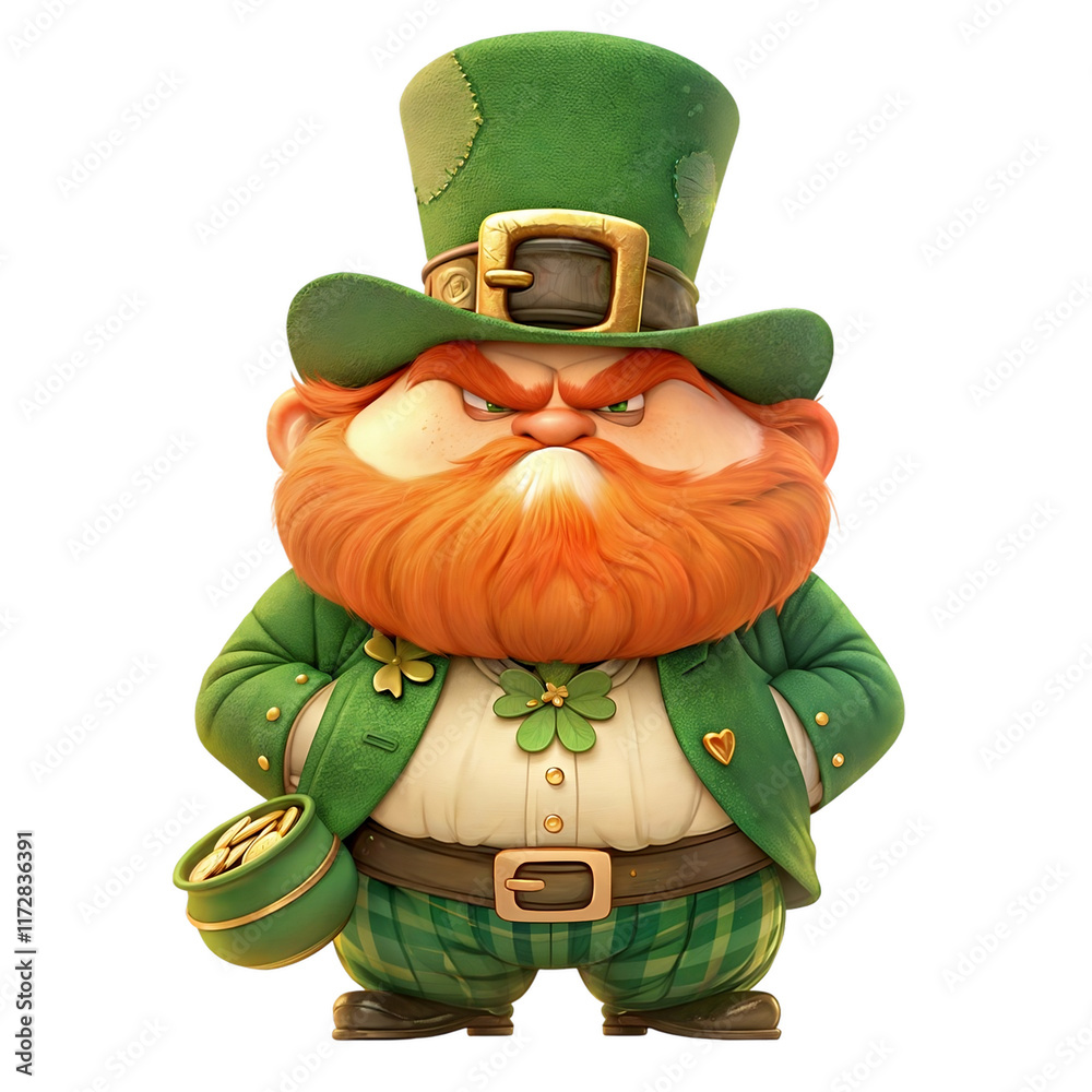 Grumpy leprechaun in a green suit on transparent background. Irish ...
