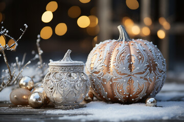 artistic expression of winter is brought to life through chilling decor and holiday spirit embodied by creative interplay between frost and a pumpkin