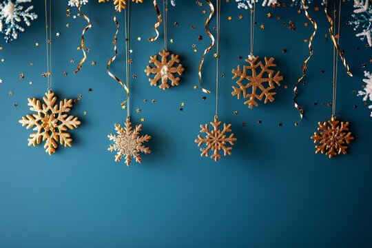 An up-close perspective on golden snowflakes lying on a blue foreground with plenty of background content area, Generative AI.
