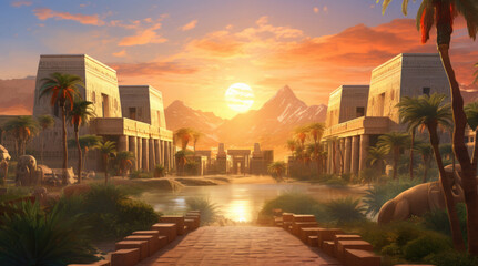 Wall Mural - An illustration of an ancient Egyptian building, a pond, and the sun during the evening