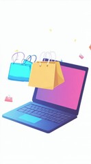 Poster - Colorful shopping bags are emerging from a laptop screen, representing the concept of online shopping, e commerce, and easy purchasing experience
