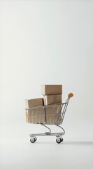 Poster - Miniature shopping cart carrying cardboard boxes on white background representing online shopping, e commerce, online payment, and delivery service