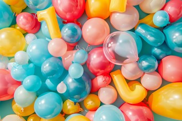 Poster - Colorful balloons floating on a blue background, creating a festive atmosphere for a birthday party or celebration