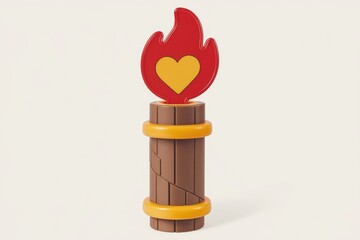 Aufkleber - A 3D rendered image of a stylized wooden pillar topped with a red flame containing a yellow heart.