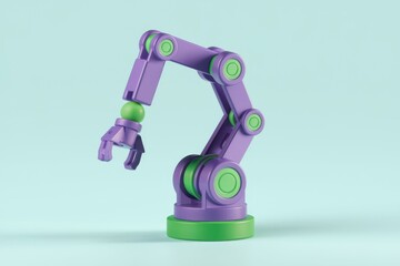 Poster - A purple and green robotic arm, a symbol of automation and technology, holds a small green sphere.