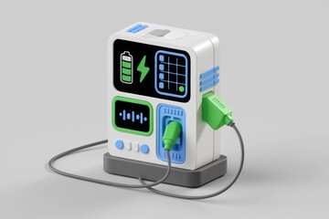 Poster - A 3D model of a futuristic charging station with battery, energy, and sound wave icons.
