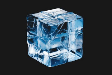 Poster - A large, translucent ice cube with intricate cracks, showcasing its crystalline structure against a dark background.