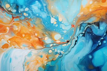 Poster - Abstract fluid art acrylic painting in vibrant orange and blue colors creating a stunning marble effect, perfect for backgrounds and modern art projects
