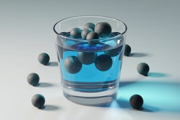 Poster - Dark spheres submerged in a glass of blue liquid, surrounded by more spheres on a light blue surface.