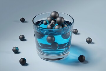 Poster - A glass of blue liquid containing multiple dark spheres, some submerged and others surrounding it.