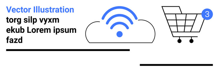 Poster - Cloud with wireless signal icon and shopping cart with notification symbol. Ideal for cloud services, e-commerce, online shopping, technology, digital marketing, internet connectivity. Landing page