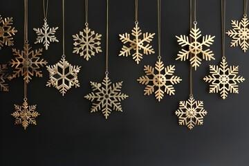 Poster - An up-close perspective on golden snowflakes lying on a black foreground with plenty of background content area, Generative AI.