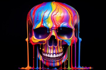 Poster - Vibrant colors are dripping over a human skull, creating a striking contrast against the dark background