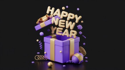 Poster - Happy New Year message pops out of a purple gift box with gold accents.