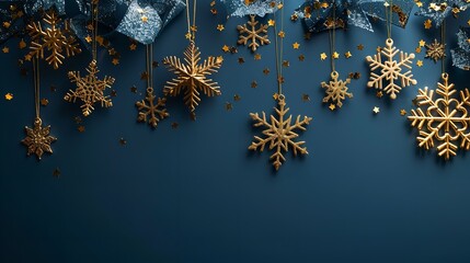 Poster - An up-close perspective on golden snowflakes lying on a blue foreground with plenty of background content area, Generative AI.