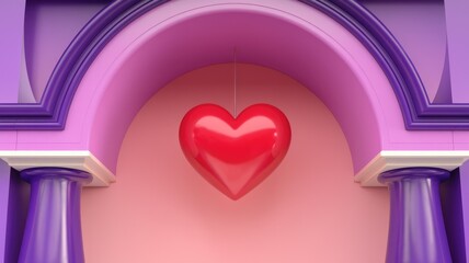 Fototapete - A red heart hangs in a purple and pink arched doorway, a symbol of love and romance.