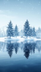 Wall Mural - Winter Wonderland, Serene Lake Reflection, Snowy Forest Landscape, Tranquil Nature Scene.