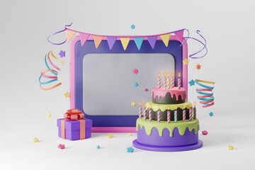 Poster - A delightful birthday scene with a two-tiered cake, gift, and celebratory decorations.