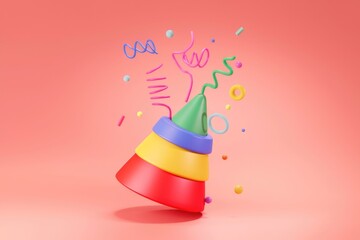 Poster - A colorful 3D rendering of a layered cone party hat with playful shapes and confetti.
