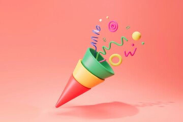 Fototapete - Colorful cone erupting with playful 3D shapes and swirls, celebrating joy and fun.