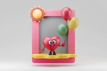 Aufkleber - A cheerful cartoon heart holds balloons near a pink frame with a sun, celebrating joy and happiness.