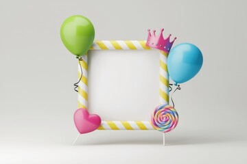 Poster - A festive birthday frame adorned with balloons, a crown, and lollipops.
