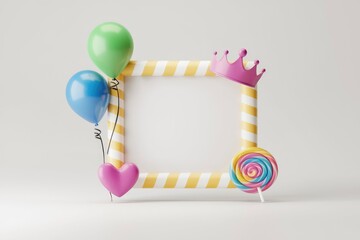 Poster - Colorful balloons, a heart, a crown, and a lollipop surround a striped frame, perfect for a birthday or celebration.