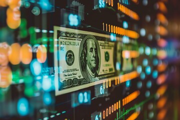 Poster - One hundred us dollar bill is floating over a stock market ticker displaying financial data