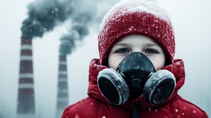 Child with a gas mask looks directly at the camera, surrounded by a misty atmosphere in a heavily industrialized area. Smokestacks loom in the background, indicating extensive pollution.	
