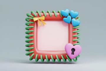 Poster - A cute 3D rendered frame decorated with hearts, a bow, and a keyhole, perfect for Valentine's Day.