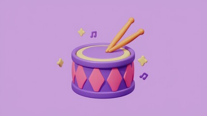 Poster - A 3D rendered illustration of a purple and pink drum with drumsticks, playful and musical.