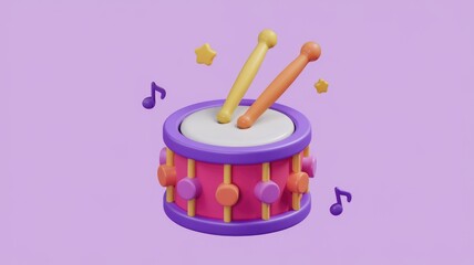 Poster - A colorful 3D render of a toy drum with drumsticks and musical notes, suggesting playful music.