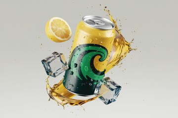 Poster - Refreshing lemon-flavored beverage in a can, splashed with liquid and ice cubes.